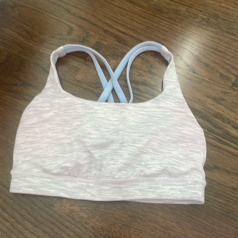 White and gray with light blue straps Luluemon energy bra